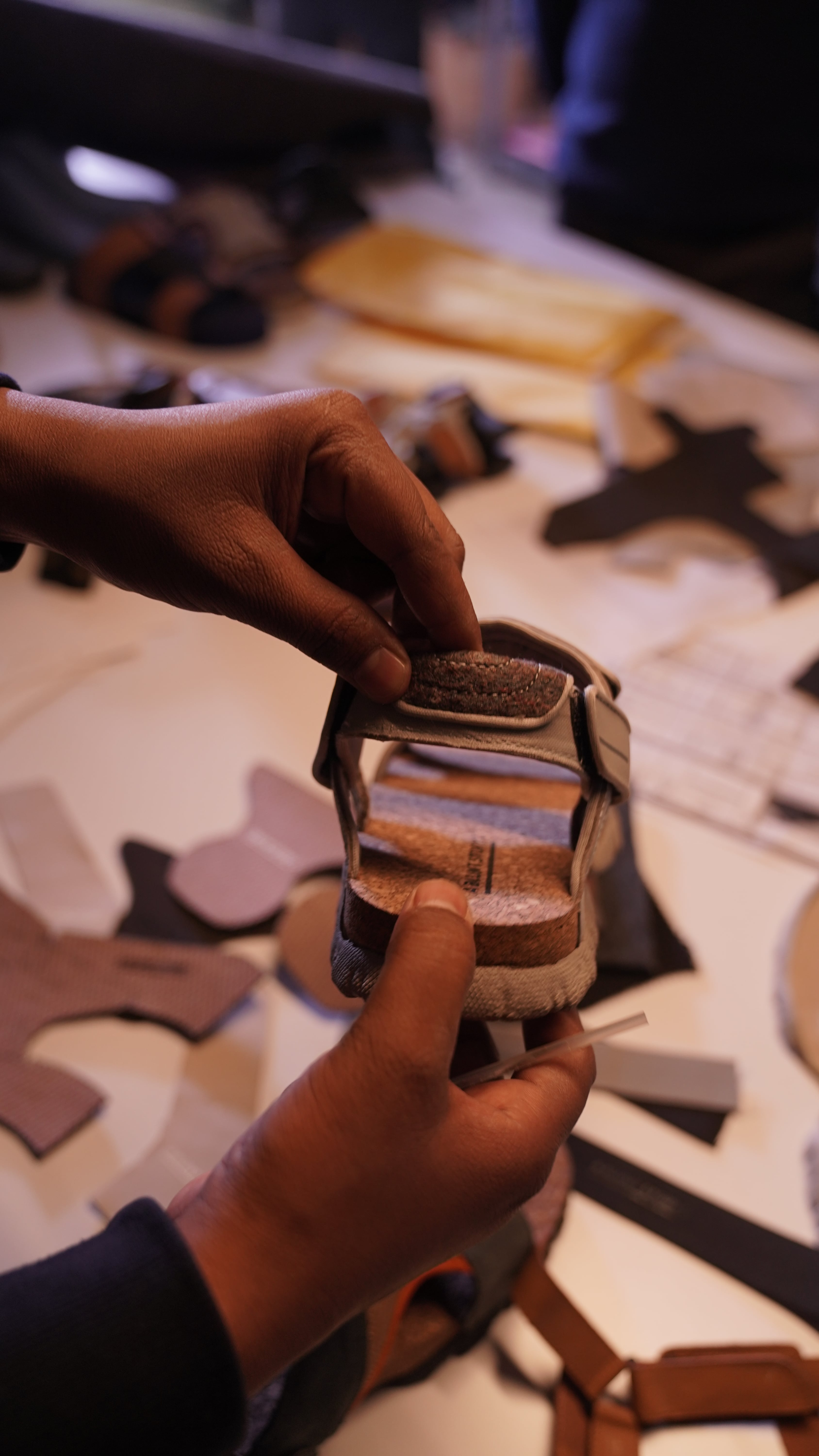 Applying materials to sandals